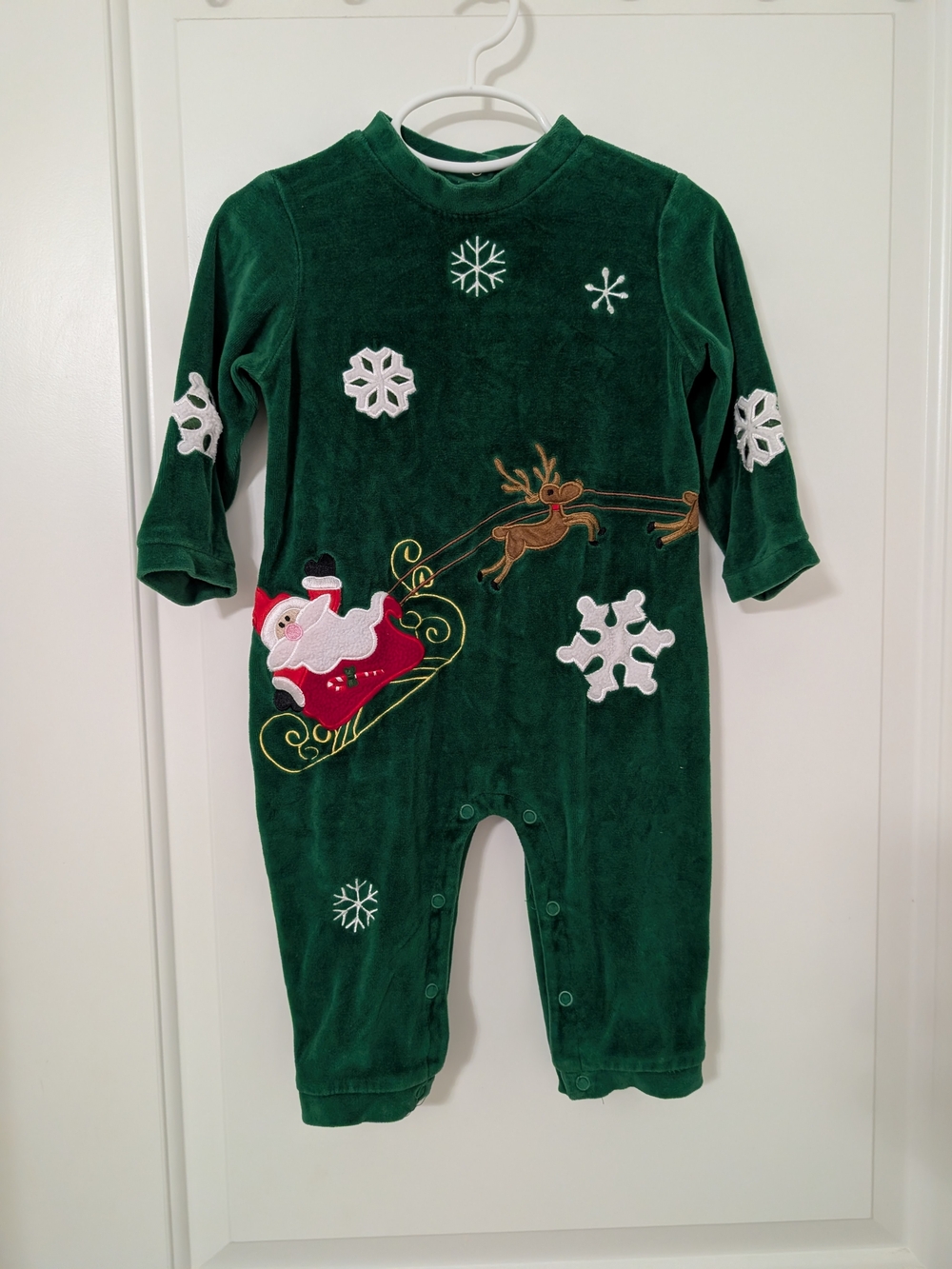 Vintage Santa 18M Green Velour Christmas Romper Reindeer Snowflake